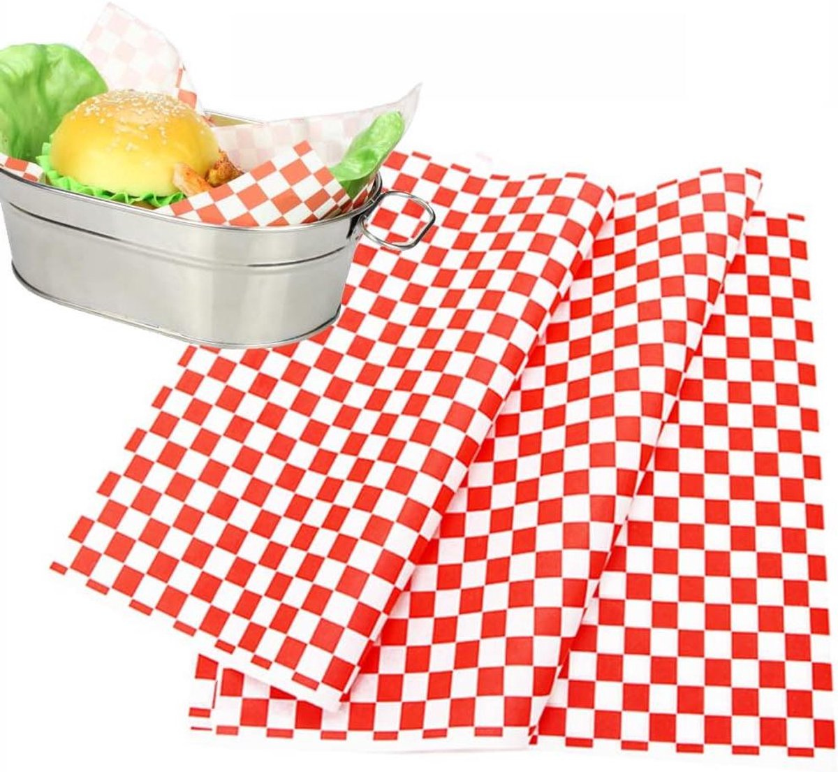 100 Vel Geruit Voedsel Inpakpapier - 12x12 inch - Sandwich Papier - Wax Papier - Serveermand Liners - Deli Papier - Geschikt voor Restaurants, Barbecues en Picknicks