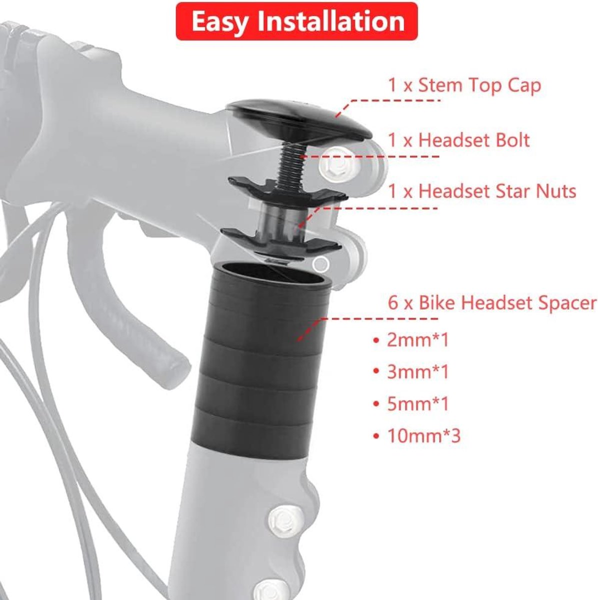 BBxunsless 1 1/8 Inch Kleurrijke Headset Spacer met Stuurpen Top Cap,Headset Moer Fietsstam Cap Set met Installeer Schroeven, 2mm & 5mm & 10mm Spacers Bike Headset Spacers Set voor 28,6mm Stuurpen