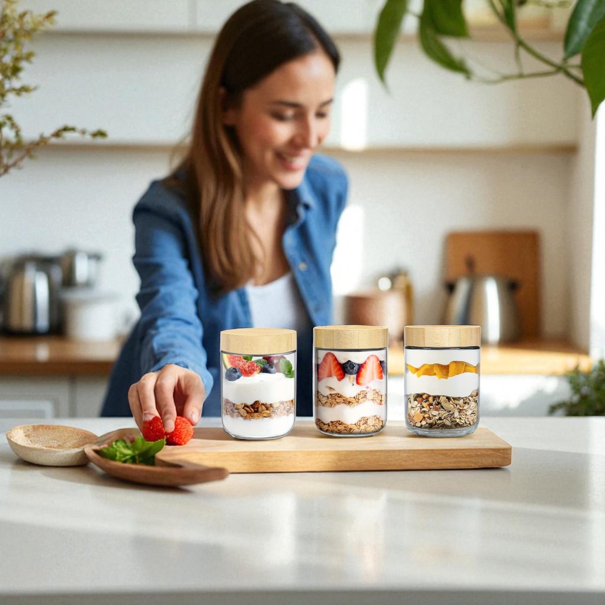 Dutchers.® Overnight Oats Potjes van Glas - 3 Stuks - Bamboe - 3 Glazen Potjes met Deksel - Muesli Beker - Hygiënisch - Lunchpot - Yoghurtbeker