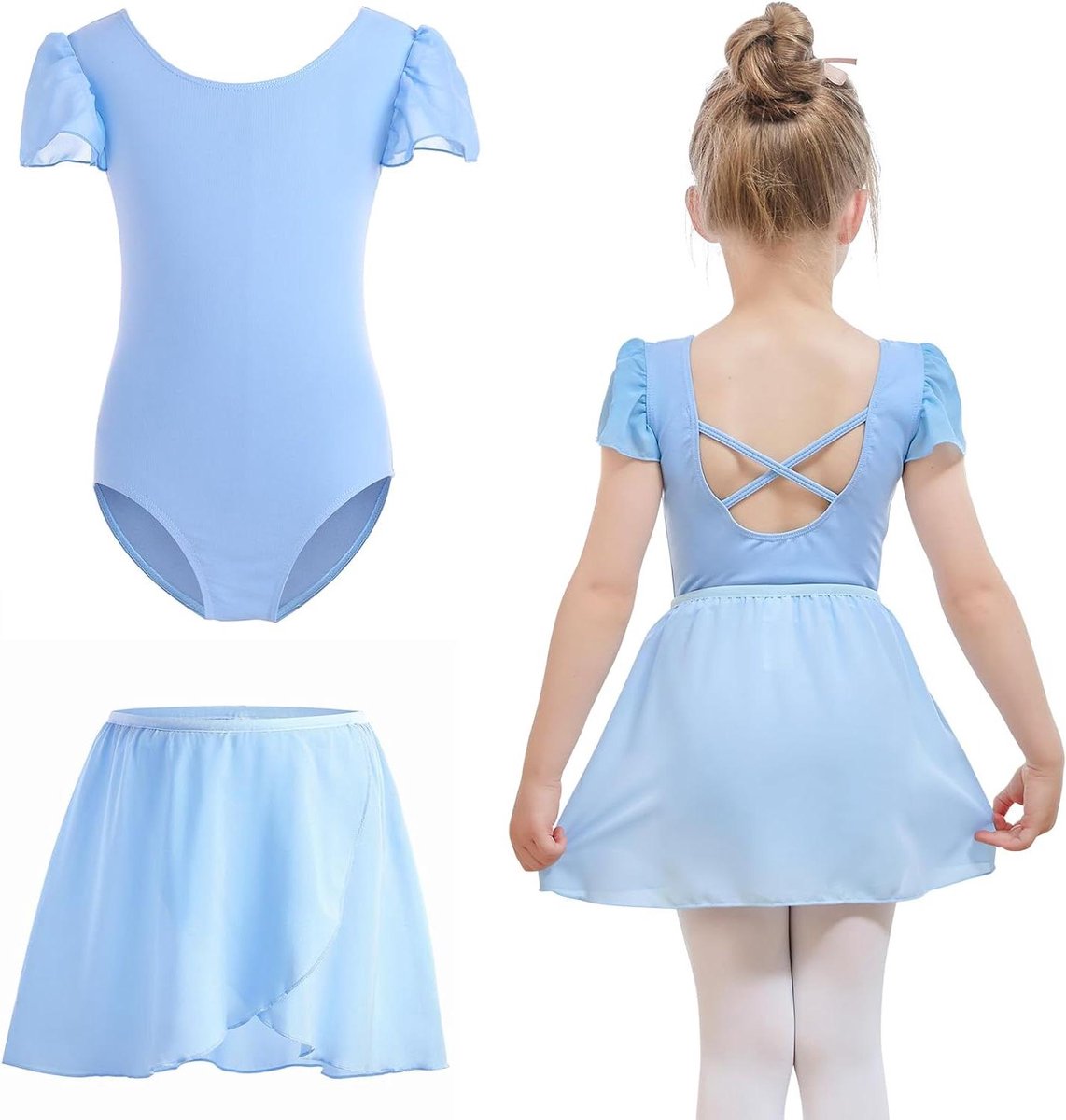 - Balletkleding Meisjes met Afneembare Balletrok en Pofmouwen - Blauw - Maat 130 (8-10 Jaar)
