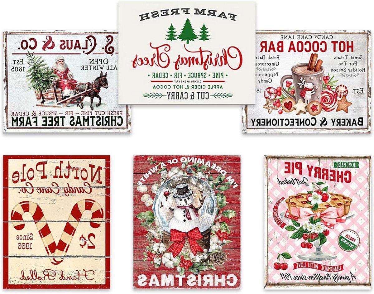 Kerst prints set van 6 - Winter muurkunst galerij decoratie - Slaapkamer en woonkamer - 20 x 25 cm - Niet ingelijst