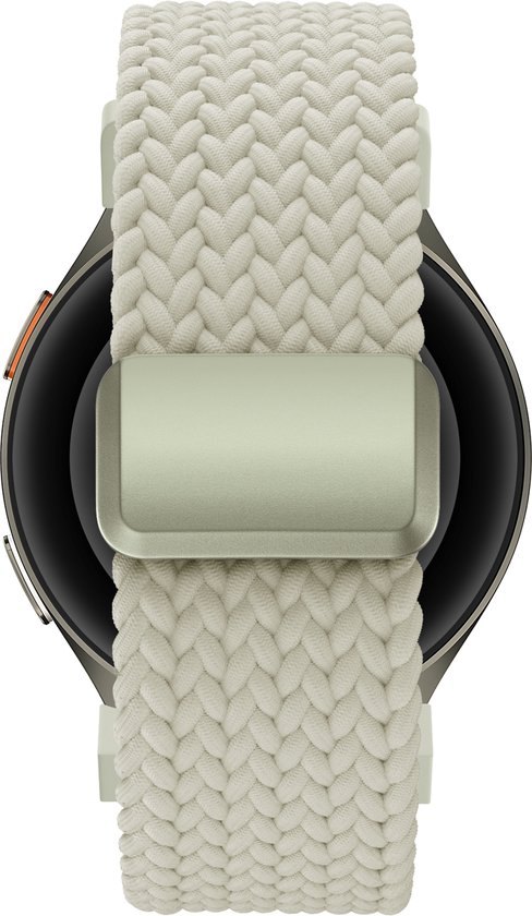 Top-down view van een smartwatch met een gebroken witte, geweven band en lichtgroene, verstelbare gesp.