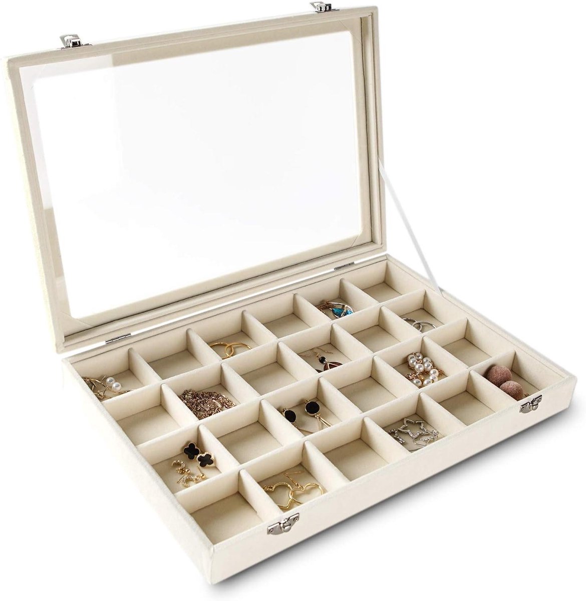 Sieraden Organizer Lade met Transparant Deksel - 24 Grid - Fluwelen Insert - Opbergdoos - Glazen Deksel - Display Case - Slot - Geschenken Meisjes Vrouwen