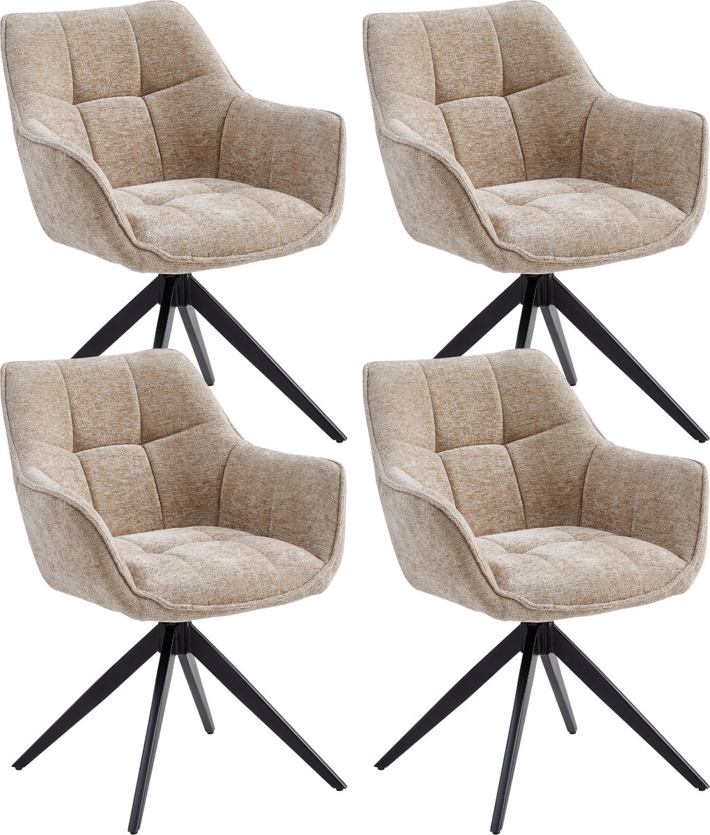 Colenis® - Boston Eetkamerstoel - Set van 4 - Taupe - Chenille Stof - Gestoffeerde zitting - Metalen poten - 180° - Draaistoel