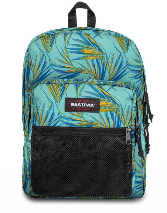 Rugzak met een aquablauwe print van gele en blauwe palmbladeren. Voorvak met zwart mesh.