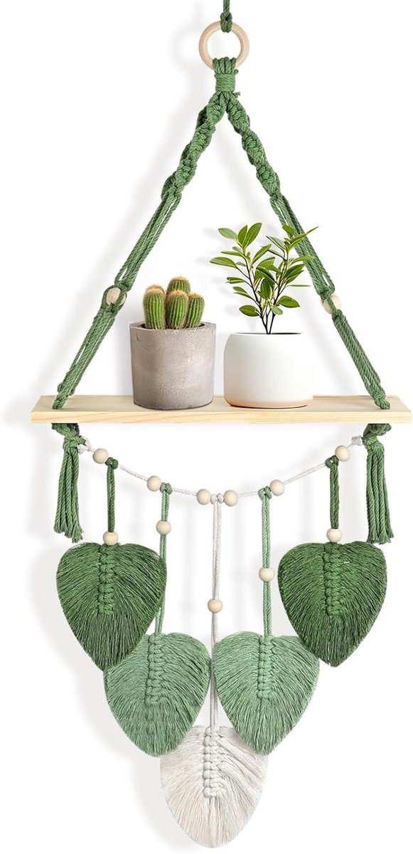 Allecto Premium - Macramé Muur Opknoping Plank - Boho Decor - Plant Hanger Plank - Houten Drijvend Opbergrek voor Fotolijsten - Plant Display - Slaapkamer Woonkamer - Trendy Interieuraccessoires
