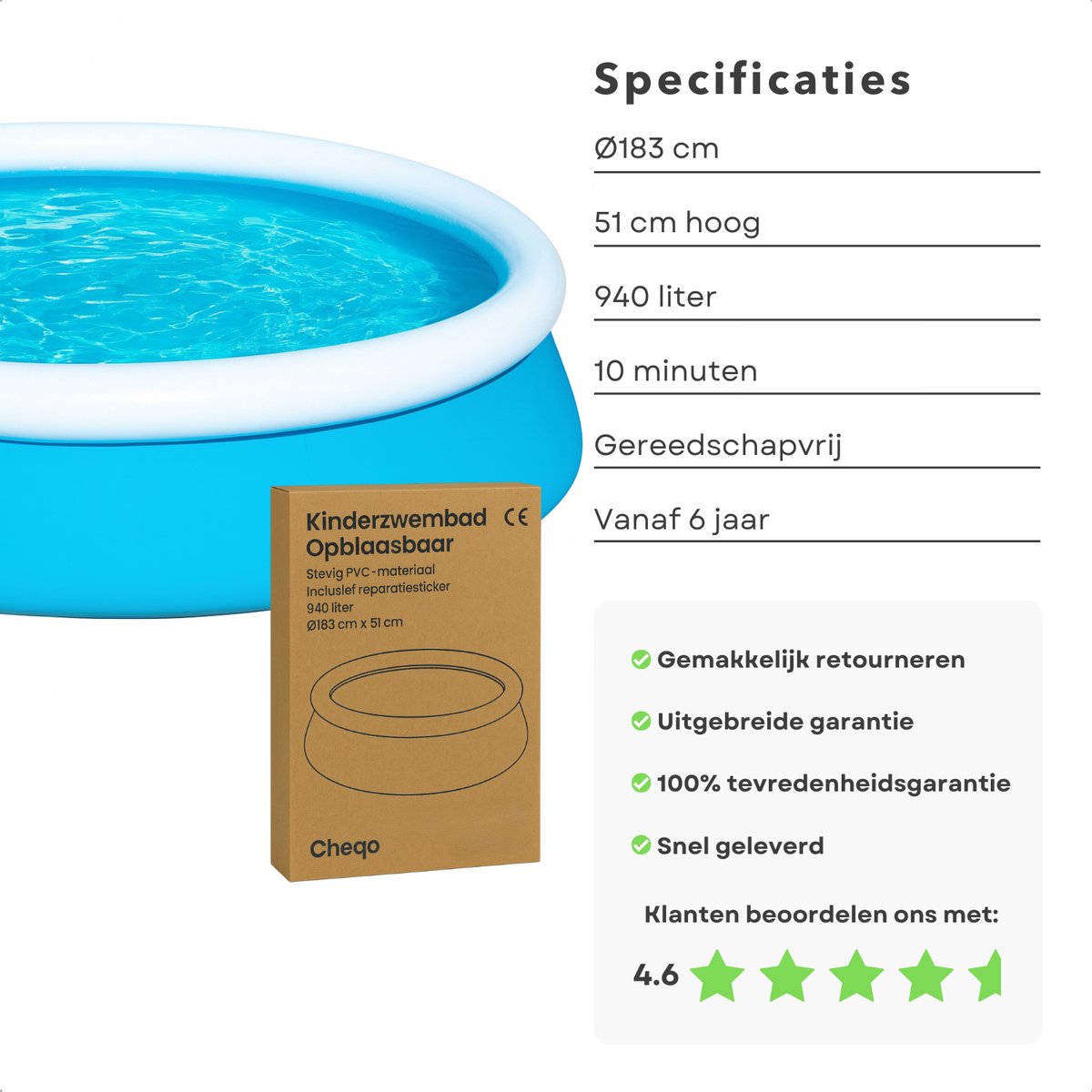 Cheqo® Kinderzwembad – Opblaasbare Rand – Stevig PVC – Bovengronds Zwembad – Opblaasbad - Snel Opzetten Zonder Gereedschap – Inclusief Reparatiesticker — afbeelding 6