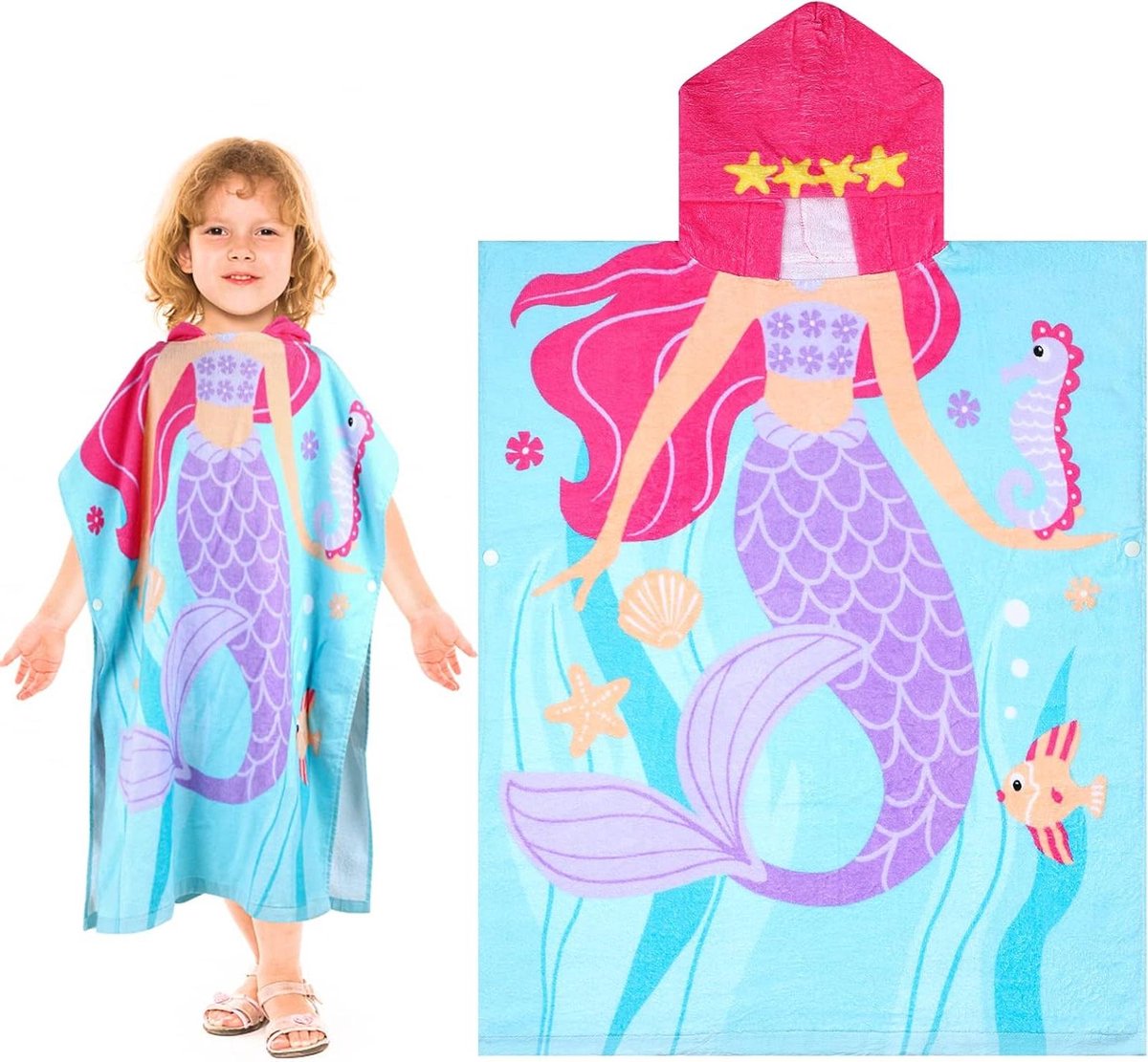 Allecto Premium - Hooded Handdoeken voor Kinderen van 100% Katoen in Roze Zeemeermin Ontwerp - Strandlaken met Capuchon voor Jongens en Meisjes - Lengte 70cm
