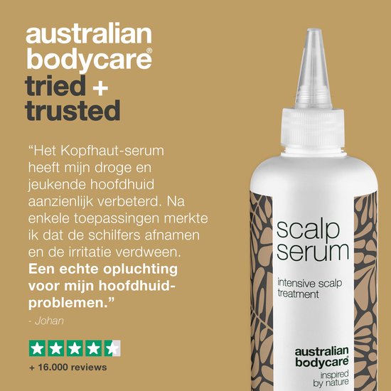 White bottle with brown leaf pattern, labeled 'scalp serum'. Text highlights 'tried + trusted' and a positive customer review about relief from dry, itchy scalp.