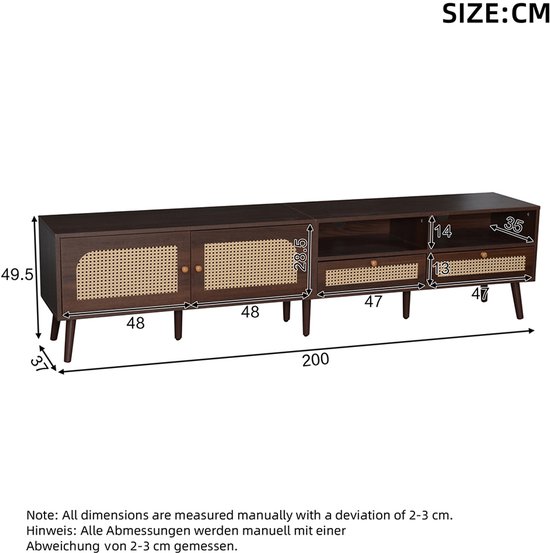 Meuble TV Pugsdrly 200*37*49,5 cm pour TV 80 pouces avec 2 portes en rotin, 2 tiroirs, meuble bas à 8 pieds, centre multimédia moderne en marron