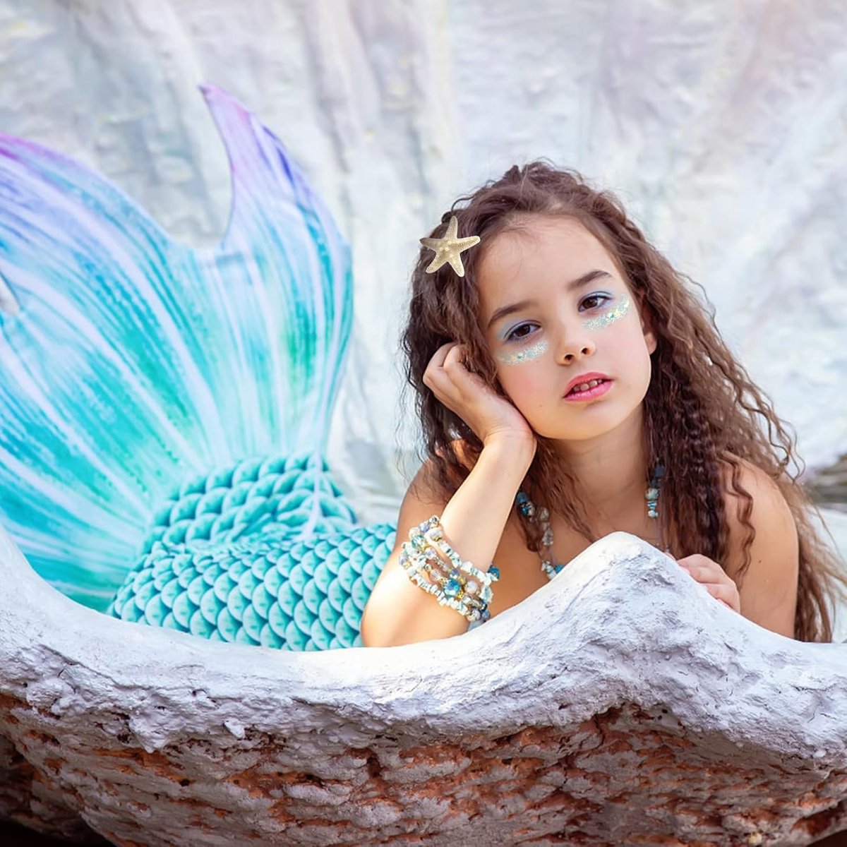 HOWAF Deguisement Sirene Accessoire, Serre Tete Coquillage Bandeau Élastique De Cheveux En Étoile Coquillage Gants Sirène Bracelet Boucles D'oreilles Collier De Perle Pour Deguisement Halloween