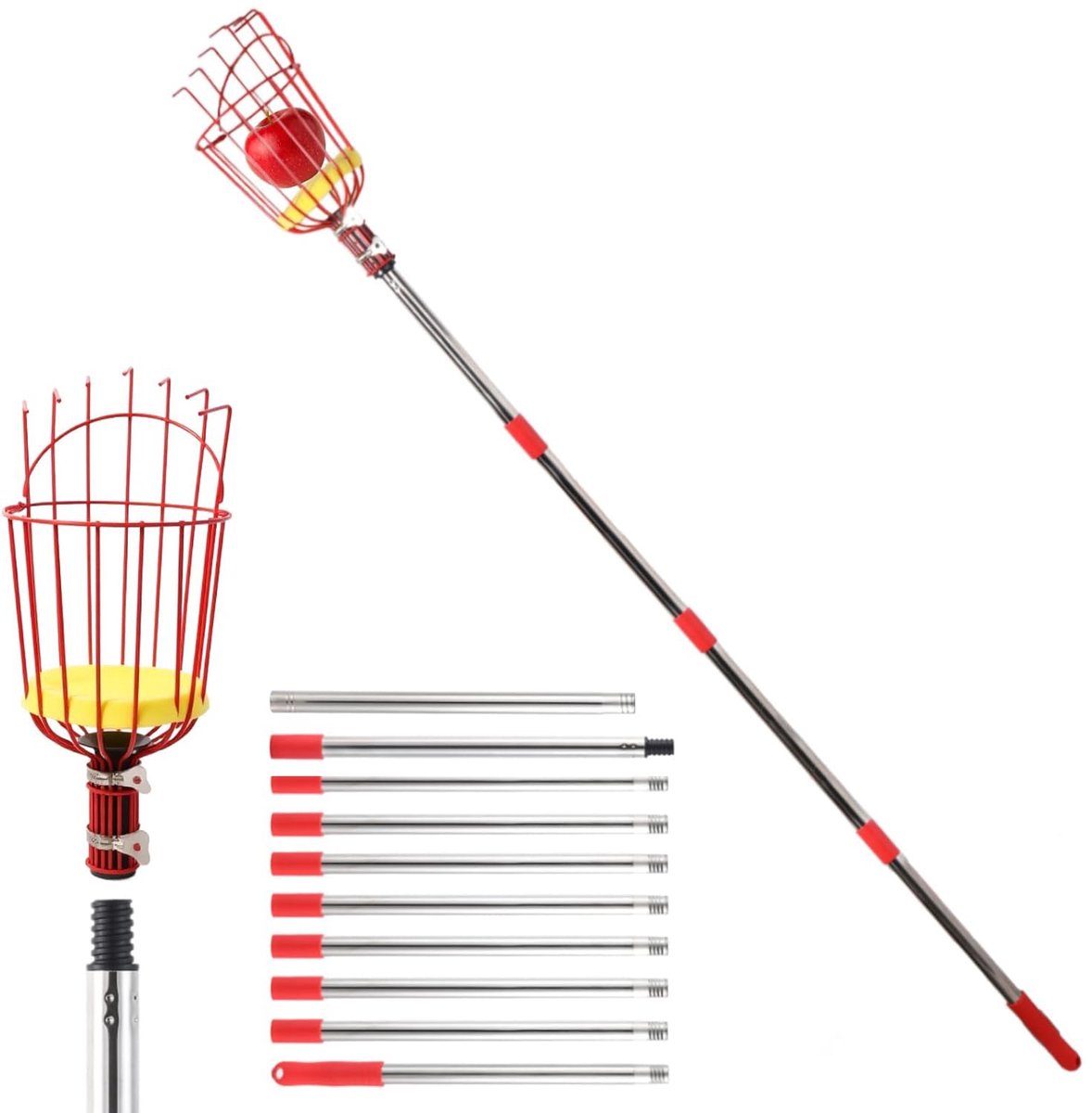 Fruitplukker-Telescopische-fruitplukker met steel-Telescopische steel-met mand-voor-kersen-appels-perziken en sinaasappels-rood