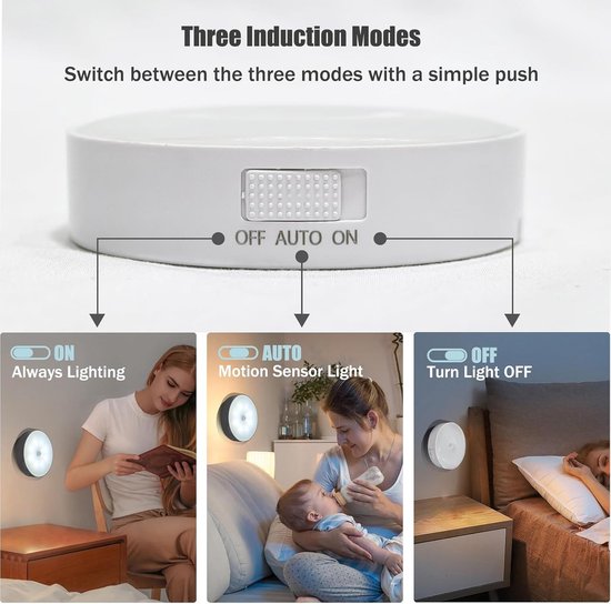 LED Nachtlampje - Nachtlampje met Bewegingssensor-Draadloze Ledlamp - 1 Stuks - 3 Standen - Wit licht 6000k - LED Nachtlampje - Magnetisch - LED Kastverlichting en Trapverlichting met Sensor - Draadloos op Batterij - Wandlamp — afbeelding 4