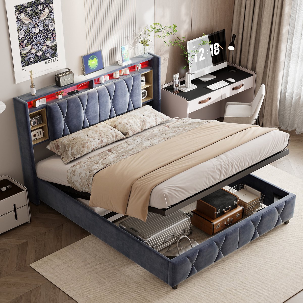 Gestoffeerd bed 160x200 cm, tweepersoonsbed met opbergruimte en lattenbodem, LED-hoofdbord met opbergvak en USB-oplaadfunctie, hydraulisch opbergbed Functionele bedrugleuning bedframe, grijs