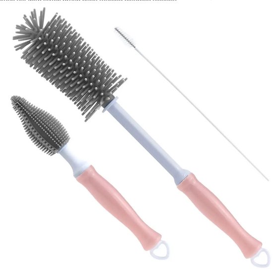 3-Delig - Flessenborstel Baby - Roze/ Grijs - BPA vrij - Siliconen
