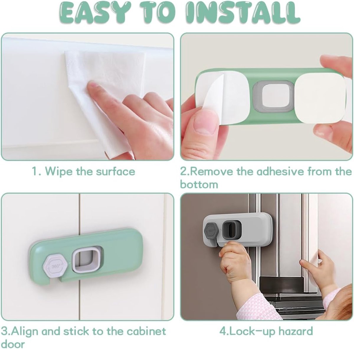 Kinderslot kastjes - Lade Slot - Koelkast Slot - Veiligheidssloten voor baby's - Zelfklevend kinderslot - Kinderslot - Zonder boren - Veiligheidsslot - Baby Slot - Kinder Beveiliging - Kinderveiligheid Kastdeuren - 2 Stuks - Groen en lichtgrijs – foto 4