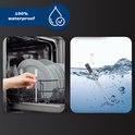 Zilveren vleesthermometer sonde in een vaatwasser en onder water.