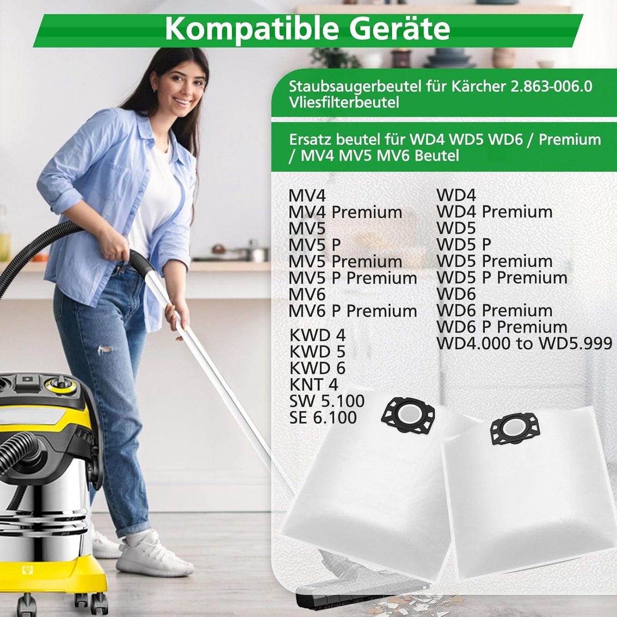 Allecto Premium - Stofzuigerzakken 12 stuks voor Kärcher WD4 WD5 WD6 - Vliesfilterzak KFI 487 - Handig in gebruik