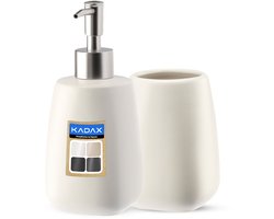 KADAX 2-delige badkamerset van keramiek, badaccessoires, badkameraccessoires, zeepdispenser, badkamerbeker, zeepbakje en wc-borstel (beker en dispenser wit)