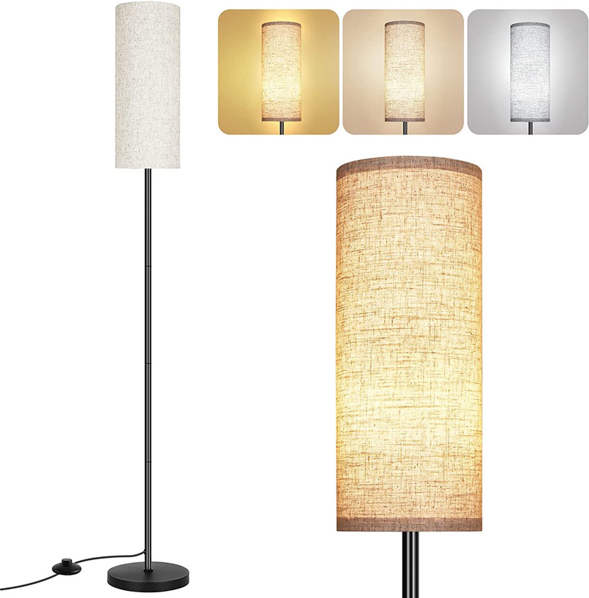 Rosnek Staande lampen – Industriele Staande Lamp van 172 cm met Dimfunctie, 3 kleurtemperaturen Lampenkap en Voetschakelaar – Minimalistische Hoge Lamp voor Woonkamer, Slaapkamer of Kantoor