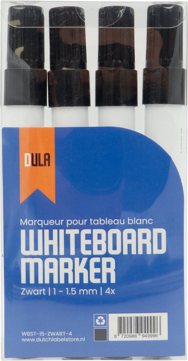 Whiteboardstiften zwart Set van 4 – Whiteboard markers met ronde punt - 4 stuks - Zwart- DULA