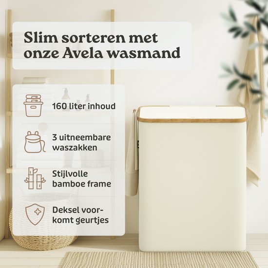 Crèmekleurige, stijlvolle Avela wasmand met bamboe frame, 160 liter inhoud, 3 uitneembare waszakken en deksel.