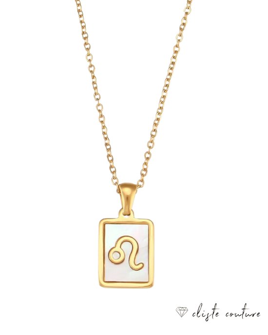 Cliste Couture - Collier signe du zodiaque étoiles avec coquillage Lion - Acier inoxydable plaqué or - Chaîne de 45 cm avec pendentif Zodiac - Emballage cadeau inclus