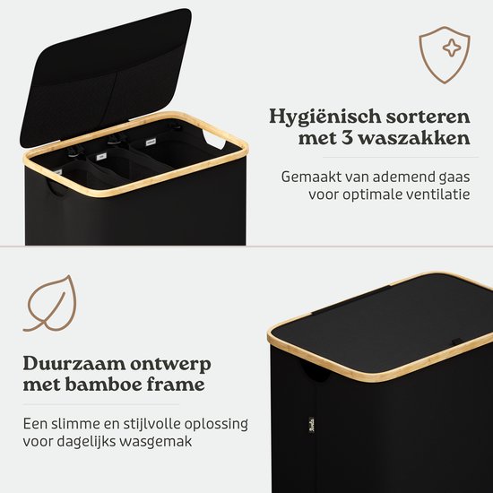 Close-up van de Avela wasmand, met bamboe frame en deksel. Textuele uitleg over duurzaamheid en sorteren.