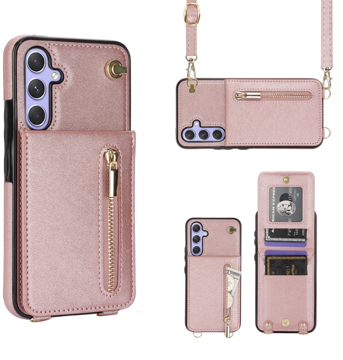 Multimedia & Accessoires Stijlvolle Leren Fashion Backcover Case Hoesje met Koord, Stand Ritsvak en Pasjeshouders geschikt voor Samsung Galaxy A36 5G - Rosegoud