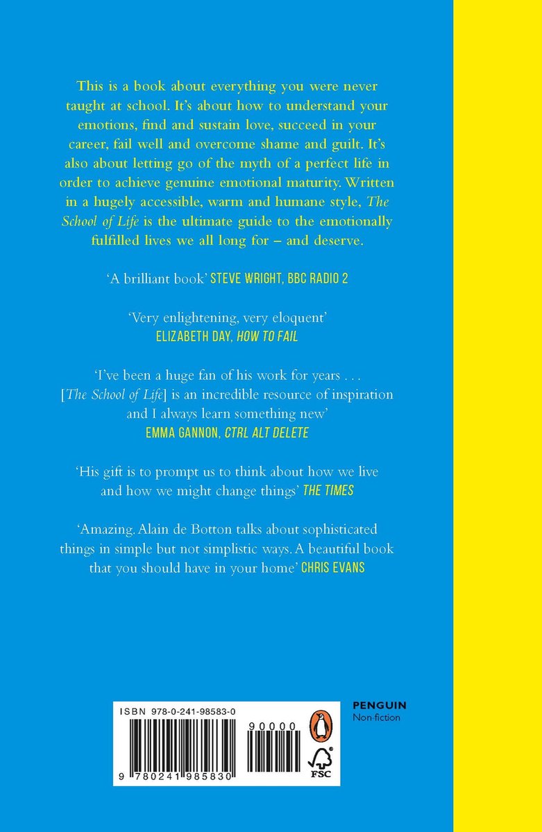 Boekcover met tekst over 'The School of Life'. Bevat citaten en Penguin-logo.