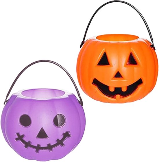 Qiilu Seau De Citrouille D'Halloween Seau à Citrouille D'halloween Avec Lumières LED, Panier à