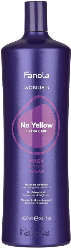 Paarse fles Fanola Wonder No Yellow Extra Care Mask, 1000ml. Vegan.