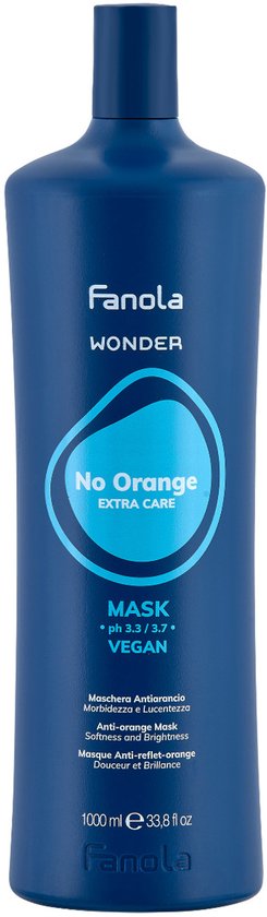 Donkerblauwe fles met "Fanola WONDER No Orange EXTRA CARE MASK VEGAN" in witte en lichtblauwe letters. 1000ml fles.