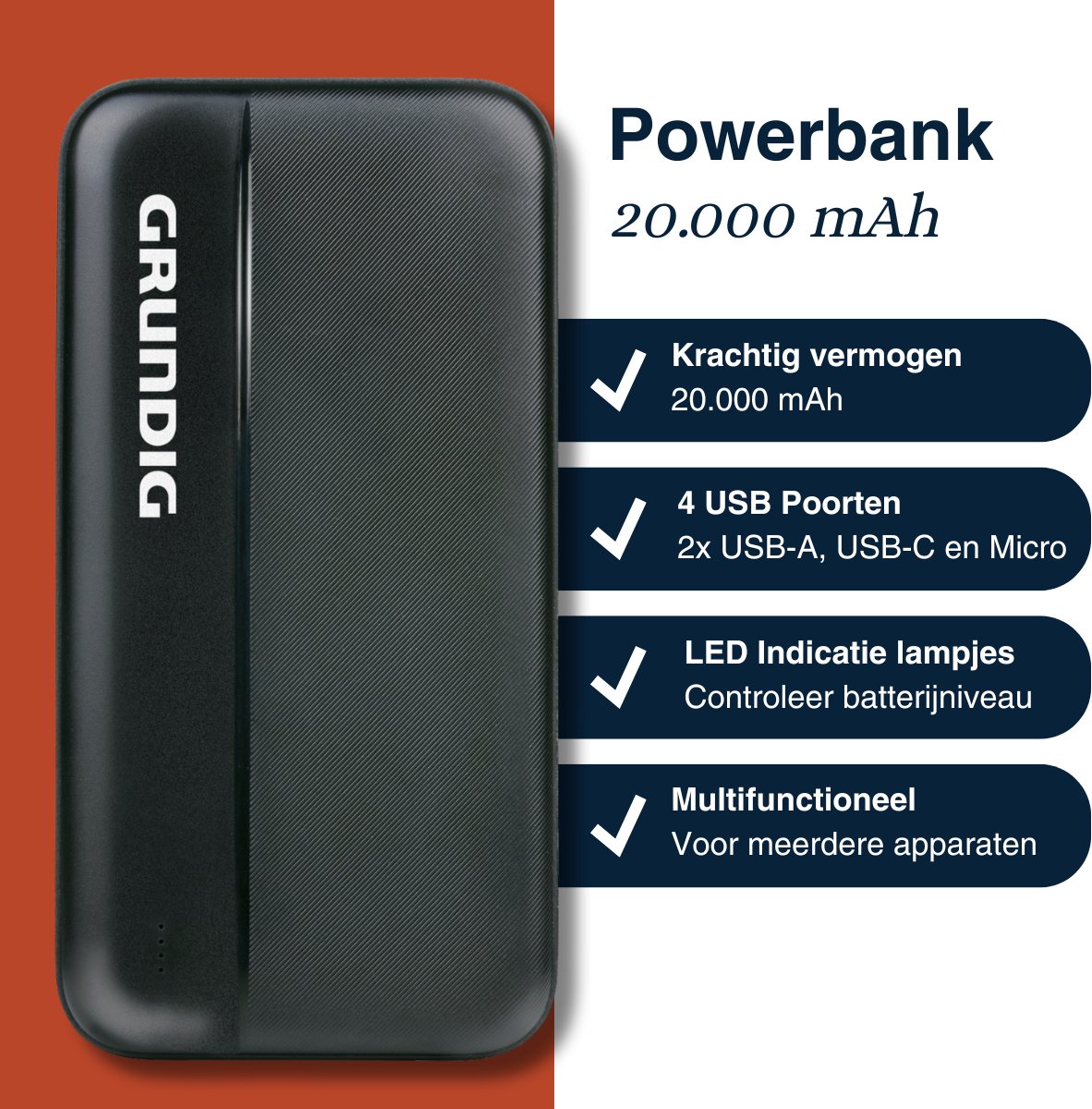 Grundig Powerbank 20000 mAh - Externe Batterij Powerbank - afbeelding 2
