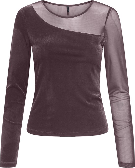 Haut marron à manches longues en velours avec épaules et manches en mesh transparent.