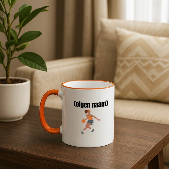 Hacebo® - basketbal vrouw met eigen naam koffiebeker met gekleurde rand oranje - Basketbal - iemand die op basketbal zit - thee mok - koffie beker - sport - verjaardag cadeau - kado - geschenk - koffiemok - 330 ML