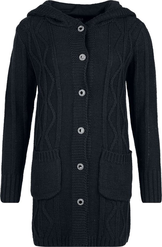 Lang zwart gebreid vest met capuchon, knopen, zakken en kabelpatroon.
