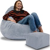 Pouf DreamRoots pour Adultes ou Enfants – Pouf en velours côtelé avec repose-pieds et housse amovible – Rembourrage inclus – 90 x 90 x 100 cm – Mer Baltique