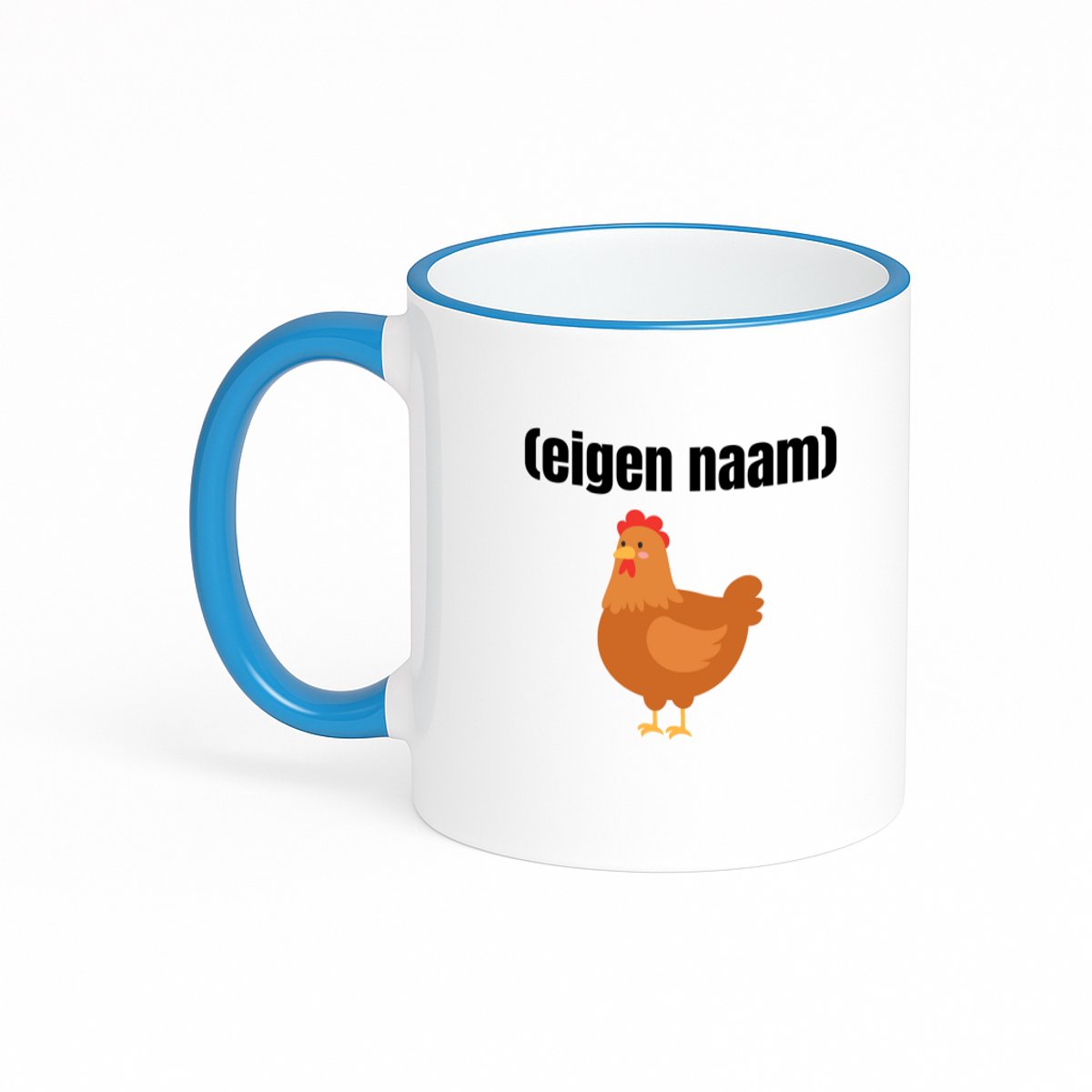 Hacebo® - kip met eigen naam koffiebeker met gekleurde rand blauw - Kippen - kippen liefhebbers - thee mok - koffie beker - iemand die houdt van kippen - verjaardag - cadeau - kado - koffiemok - 330 ML