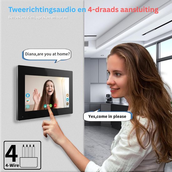 Vrouw kijkt naar binnenmonitor van deurbel, voert gesprek. Tekst: Tweerichtingsaudio en 4-draads aansluiting.