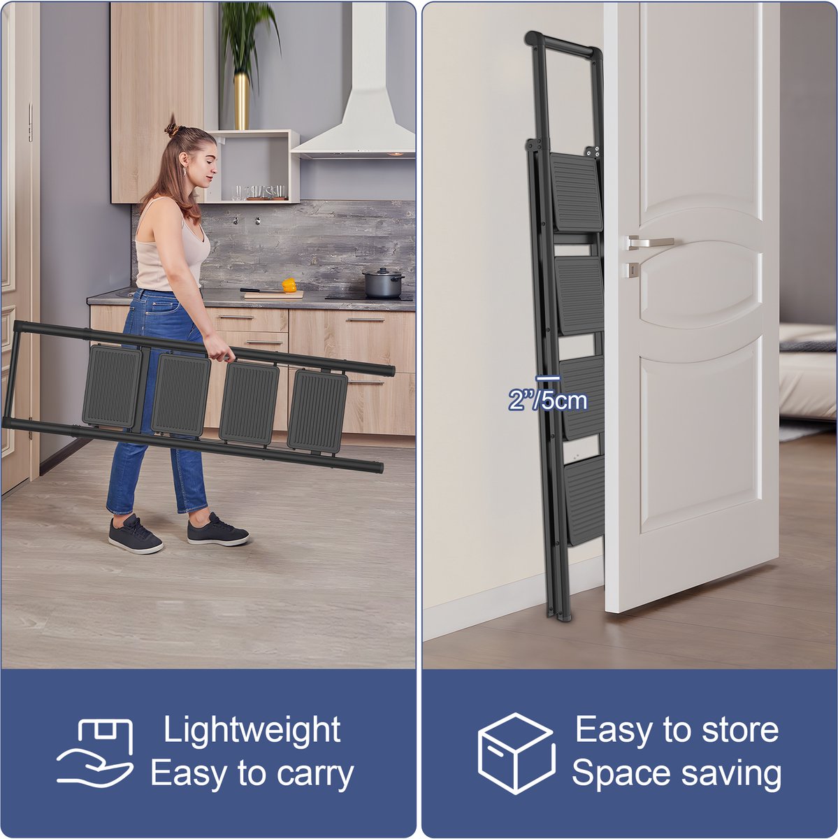 Opvouwbare trapladder, trapkruk, opvouwbare trap met breed antislip pedaal en leuning, multifunctionele huishoudtrap, trapladder tot 150 kg, zwart voor huishouden, keuken - 4 treden – foto 5
