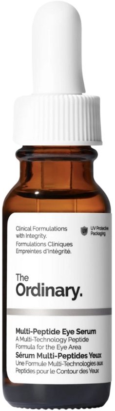 Flacon compte-gouttes The Ordinary Multi-Peptide Eye Serum de 15 ml, flacon brun avec bouchon blanc.