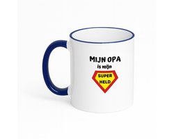 Hacebo® - mijn opa is mijn superheld koffiebeker met gekleurde rand donker blauw - Opa - super opa - thee mok - koffie beker - verjaardag - cadeautje voor opa - opa artikelen - kado - geschenk - koffiemok - 330 ML