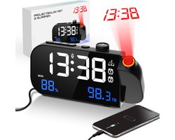 TM&DY - Digitale Wekkerradio met Projectie - Met Spraakbesturing, FM, Temperatuur & Luchtvochtigheid – Dimbaar LED Display & Dubbele Alarmfunctie - Wekkers Digitaal - Wekker met Projectie op Plafond - Projectiewekker - Projectieklok