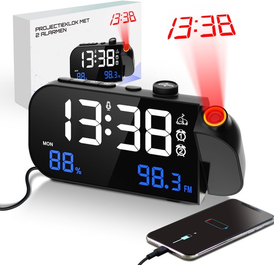 TM&DY - Digitale Wekkerradio met Projectie - Met Spraakbesturing, FM, Temperatuur & Luchtvochtigheid – Dimbaar LED Display & Dubbele Alarmfunctie - Wekkers Digitaal - Wekker met Projectie op Plafond - Projectiewekker - Projectieklok