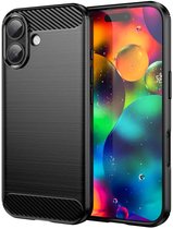 MobyDefend Hoesje - Geschikt voor iPhone 17 - TPU Backcover - Geborstelde Metaal & Carbon-Look - Zwart