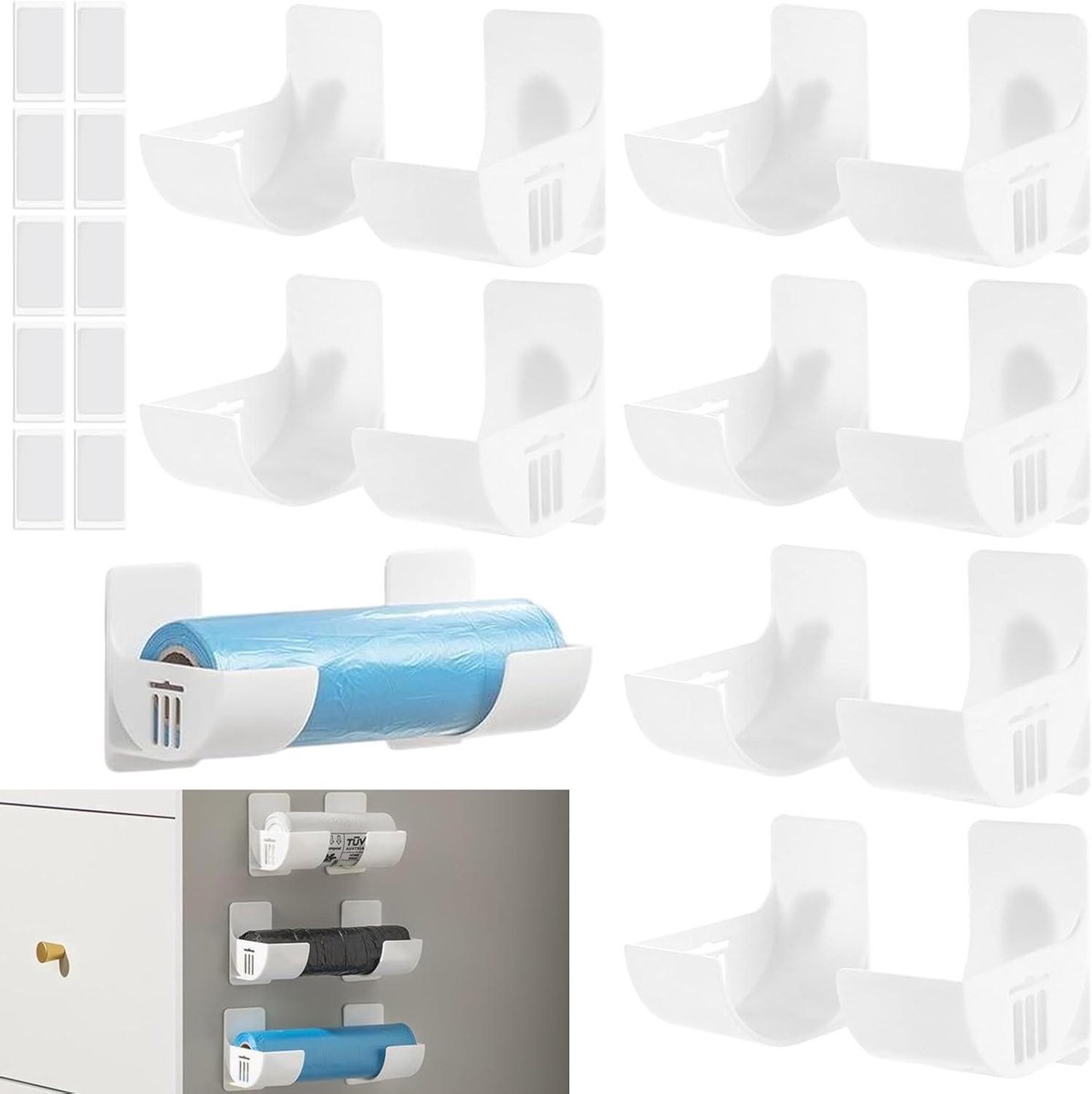 Set van 12 Muur Gemonteerde Vuilniszakhouders - Witte Afvalzakhouder voor Keukenopslag