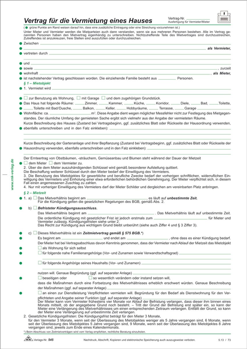 RNK Verlag 'Contract voor de huur van een huis' formulier
