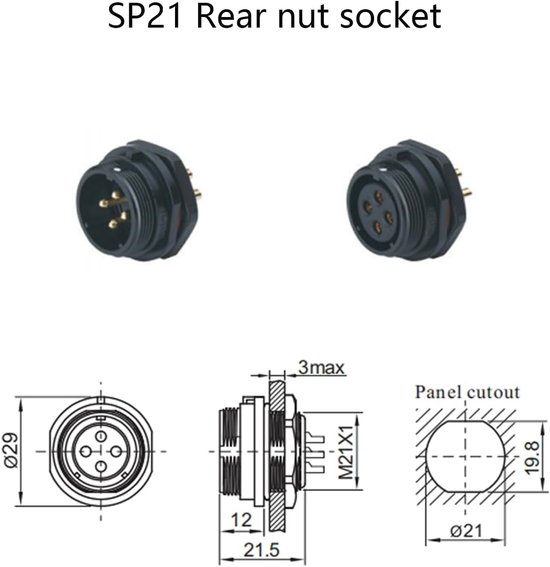 2 connettori SP21 a 2 poli, spina aeronautica, spina IP68
