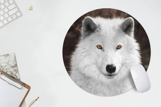 Muismat rond 50x50 cm - Mousepad Wolf - Wit - Portret - Ronde muismatten
